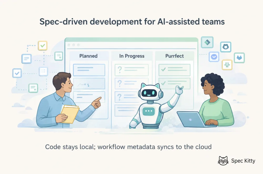 A team of human developers and AI agents collaborating through a structured workflow.